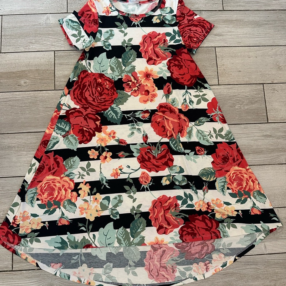 LuLaRoe Carly high low unicorn print Stripe Dress with Floral Print